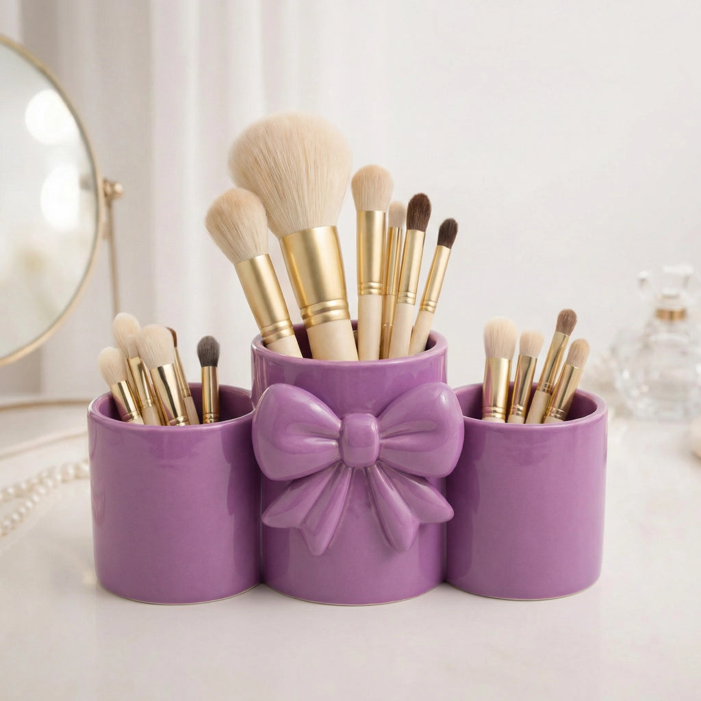 Makeup Brush and Pen Holder with Elegant Bow - Desk Organizer