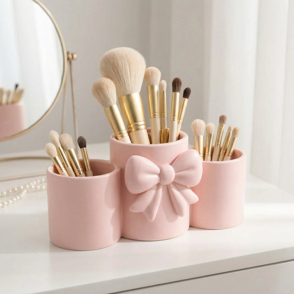 Makeup Brush and Pen Holder with Elegant Bow - Desk Organizer