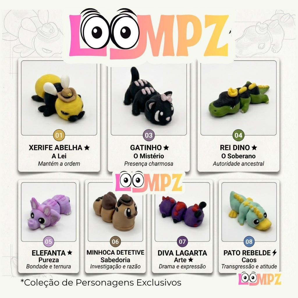 Box Supresa Loompz Mini Animais Flexíveis Coleção com 8 Personagens Exclusivos Fidget Anti Extresse