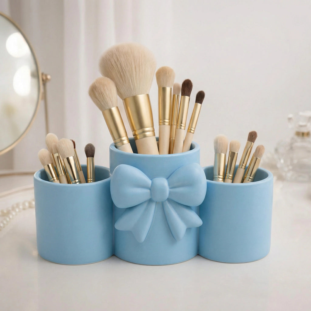 Makeup Brush and Pen Holder with Elegant Bow - Desk Organizer