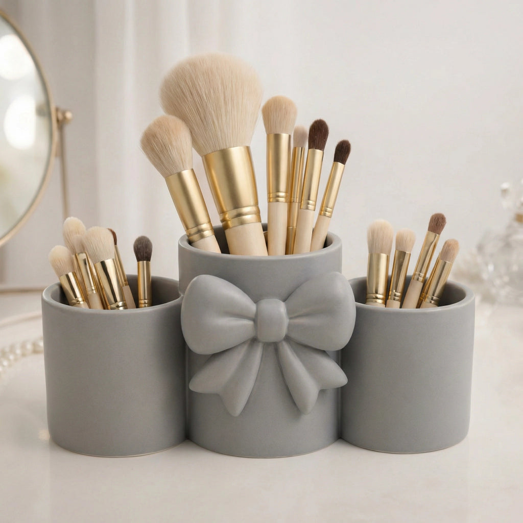 Makeup Brush and Pen Holder with Elegant Bow - Desk Organizer
