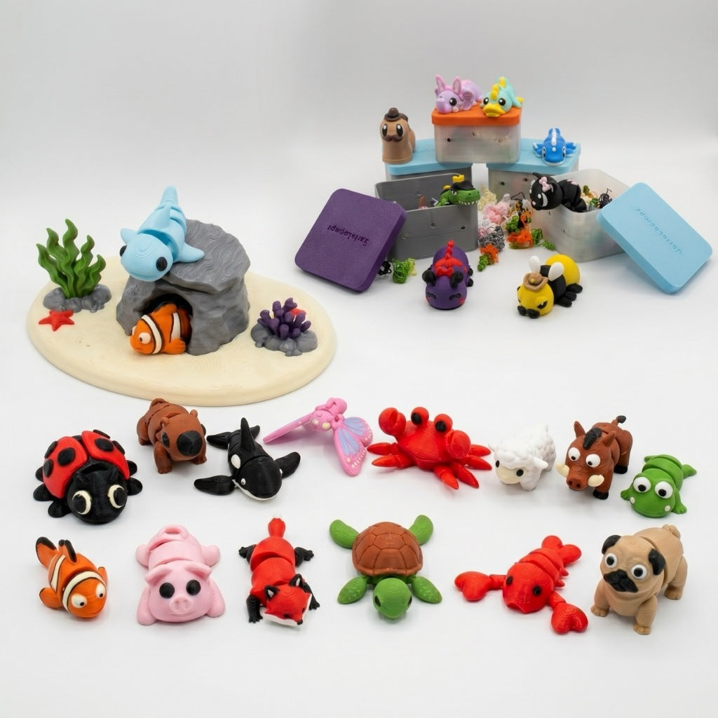 Box Supresa Loompz Mini Animais Flexíveis Coleção com 8 Personagens Exclusivos Fidget Anti Extresse