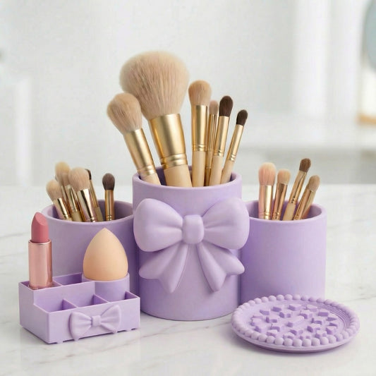 Kit Organizador Maquiagem Porta Pincéis + Porta Batom e Esponja + Limpador de Pincéis de Maquiagem