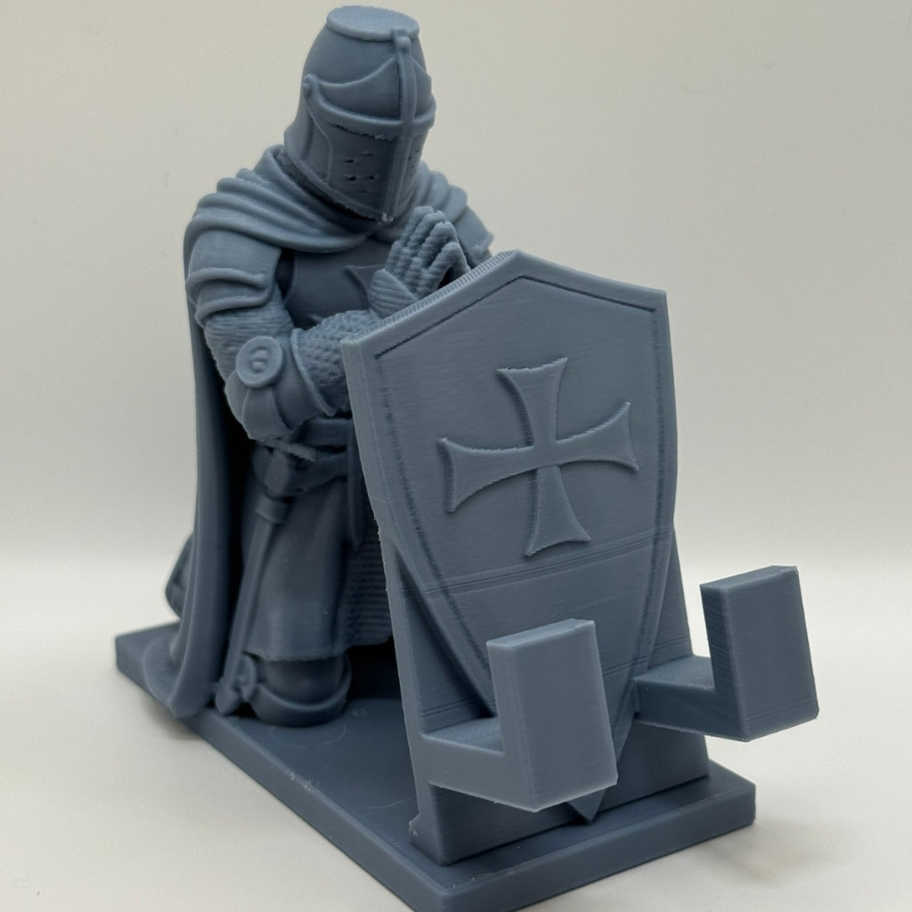 Medieval Cell Phone Tablet Holder with Praying Templar Knight Sculpture Exclusive Decoration