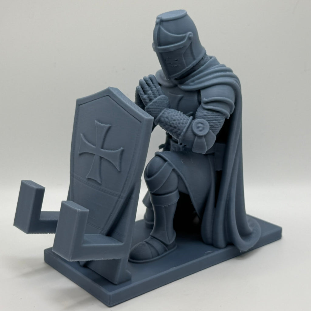 Medieval Cell Phone Tablet Holder with Praying Templar Knight Sculpture Exclusive Decoration