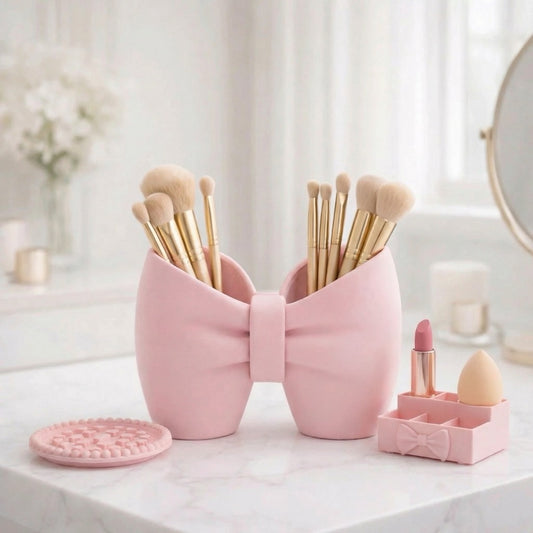 Kit Laço Porta Pincéis de Maquiagem + Porta Batom Esponja + Limpador de Pincéis de Make Mesa Feminino