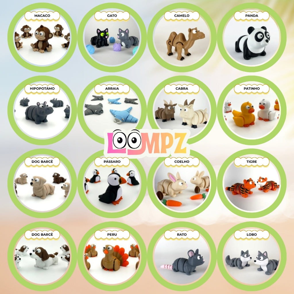 Mini Animais Articulados Flexíveis Coleção Loompz - Kit Brinquedos Fidget Toy Anti Estresse Infantil