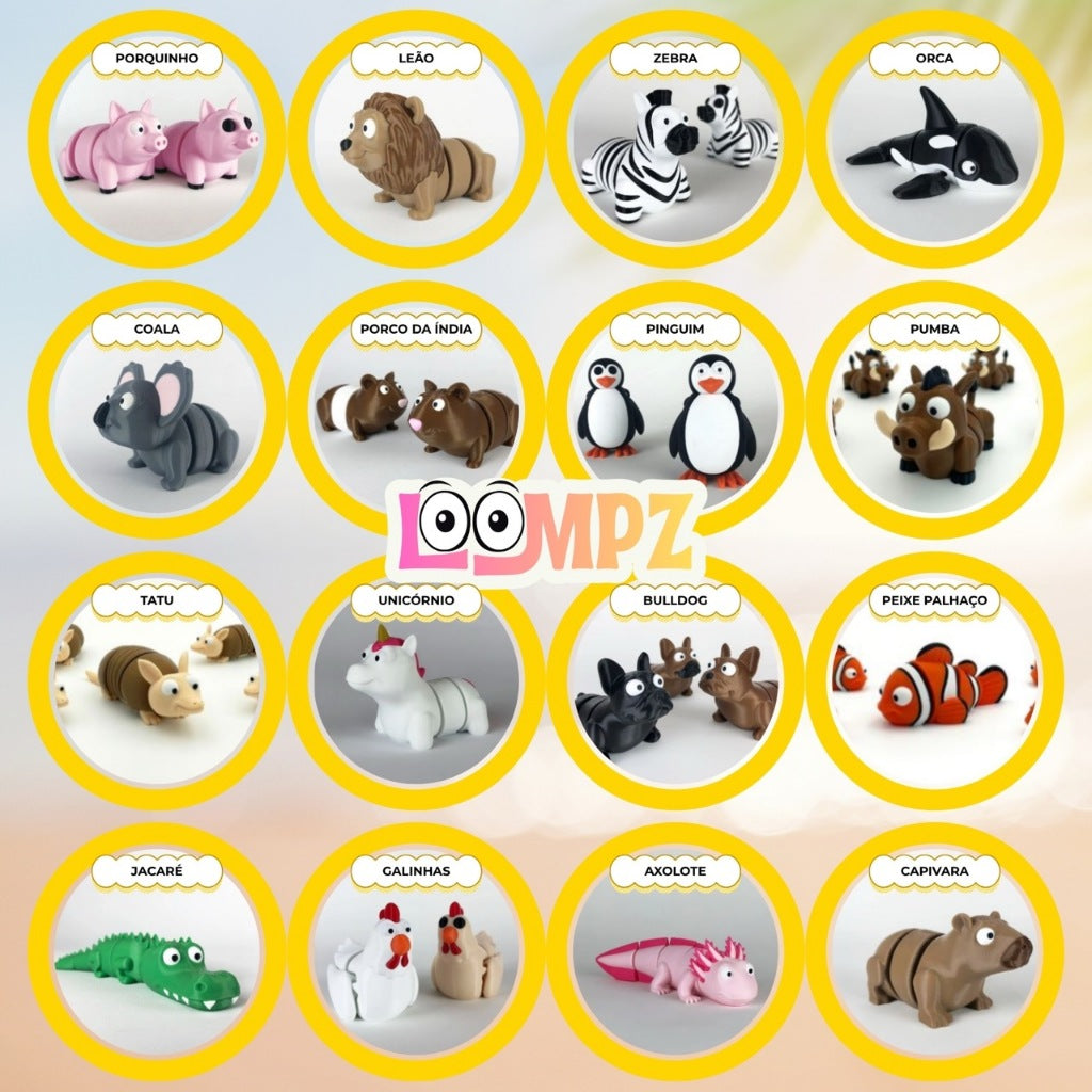 Mini Animais Articulados Flexíveis Coleção Loompz - Kit Brinquedos Fidget Toy Anti Estresse Infantil