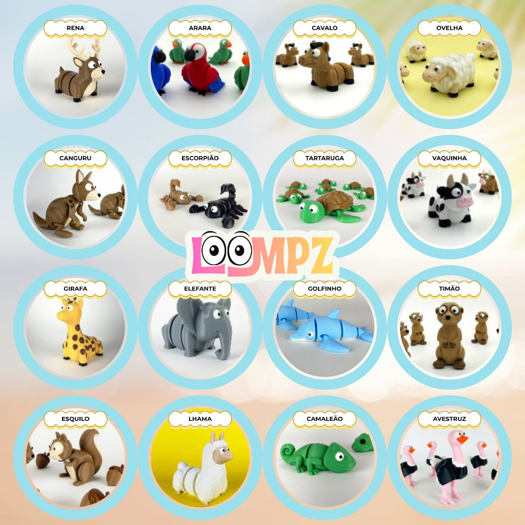 Mini Animais Articulados Flexíveis Coleção Loompz - Kit Brinquedos Fidget Toy Anti Estresse Infantil
