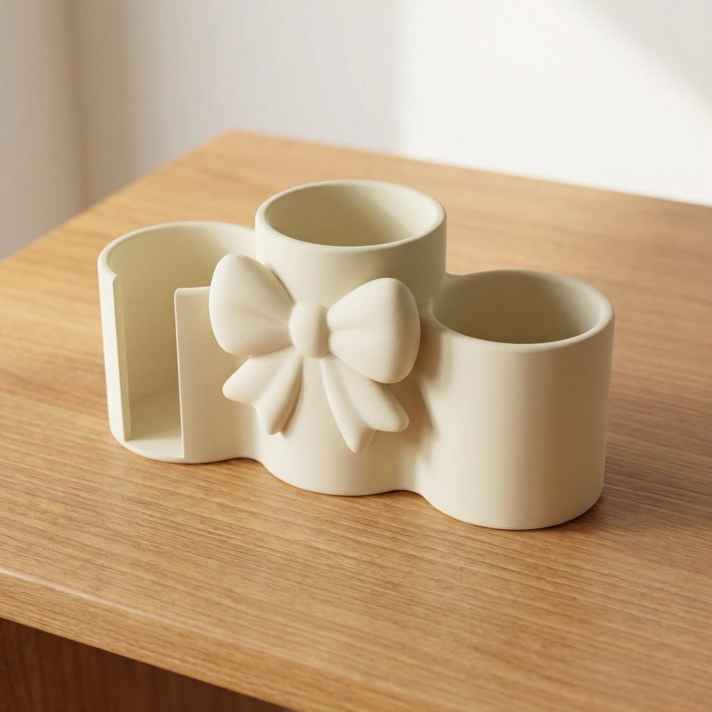 Makeup Brush Holder with Cotton Pad Holder Organizer 3 Compartments Elegant Bow