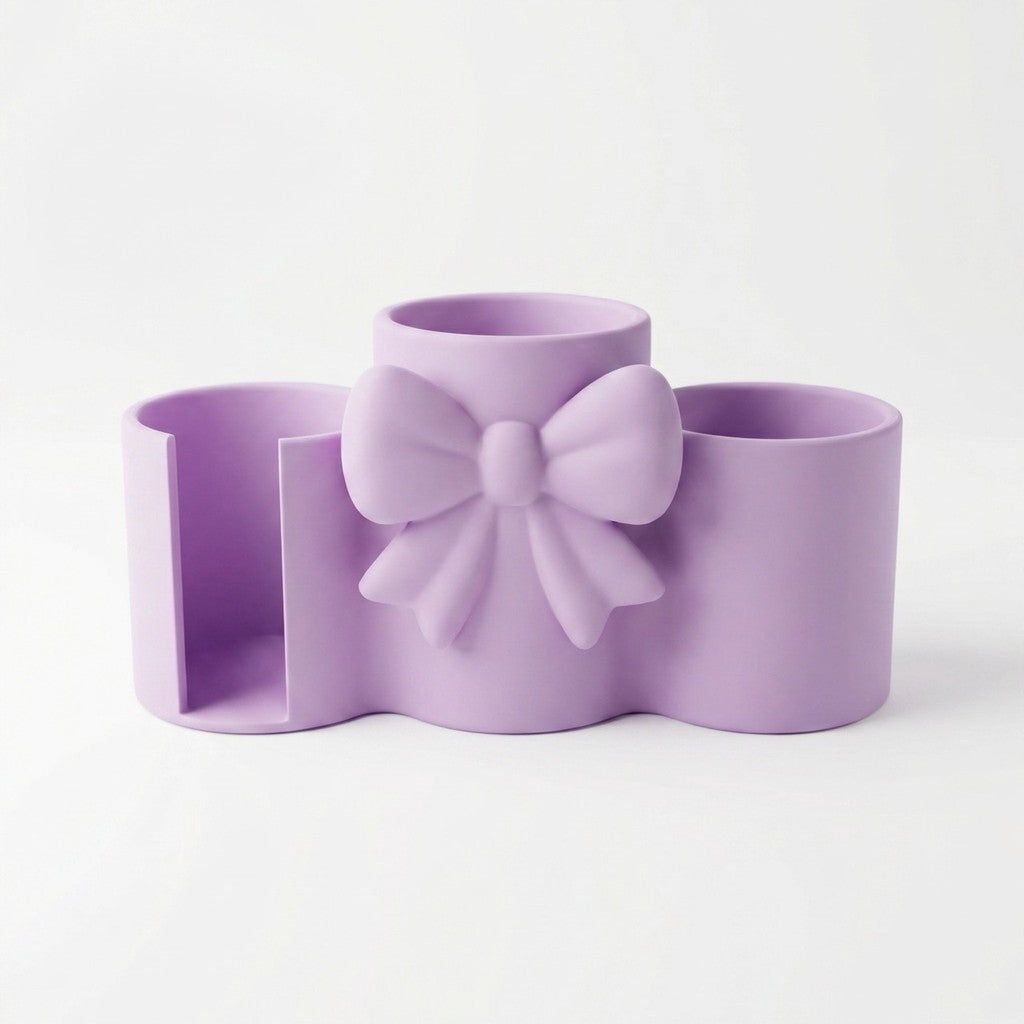 Makeup Brush Holder with Cotton Pad Holder Organizer 3 Compartments Elegant Bow