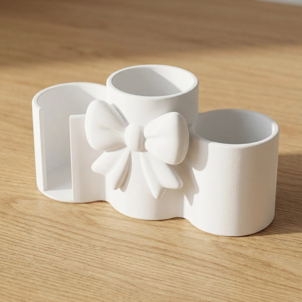 Makeup Brush Holder with Cotton Pad Holder Organizer 3 Compartments Elegant Bow