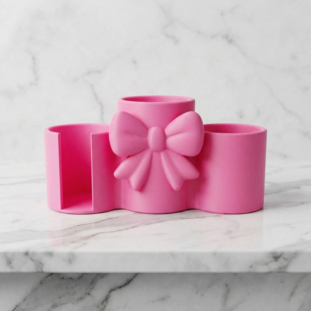 Makeup Brush Holder with Cotton Pad Holder Organizer 3 Compartments Elegant Bow