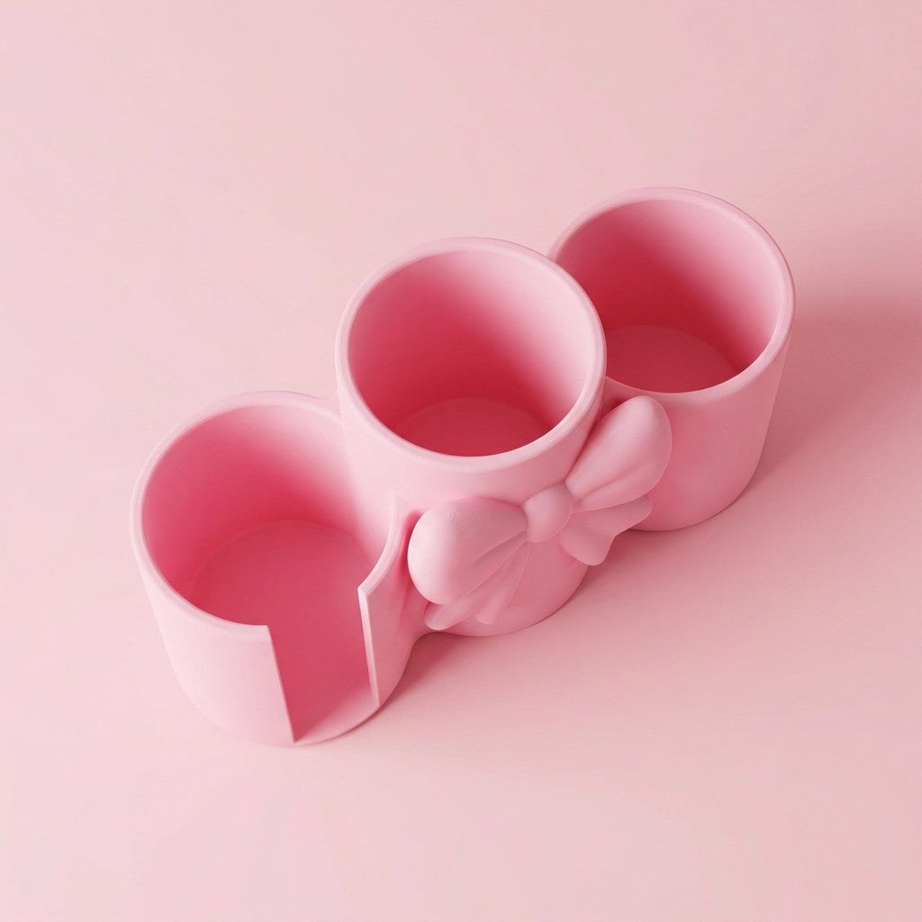 Makeup Brush Holder with Cotton Pad Holder Organizer 3 Compartments Elegant Bow