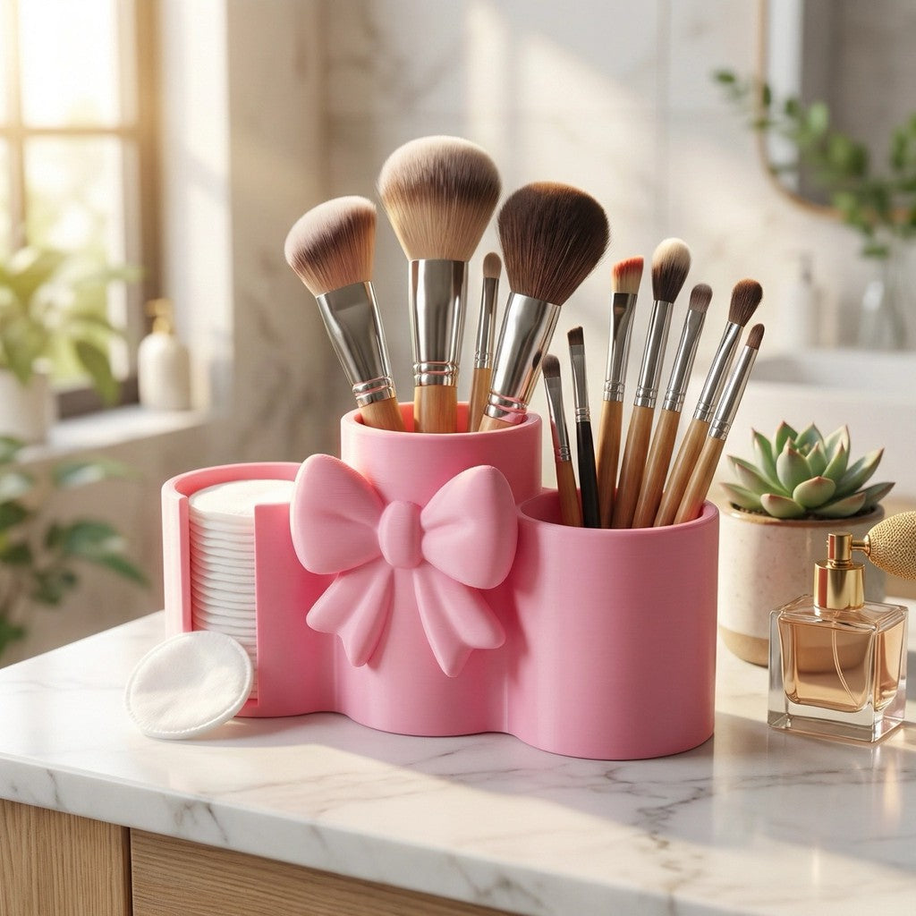 Makeup Brush Holder with Cotton Pad Holder Organizer 3 Compartments Elegant Bow